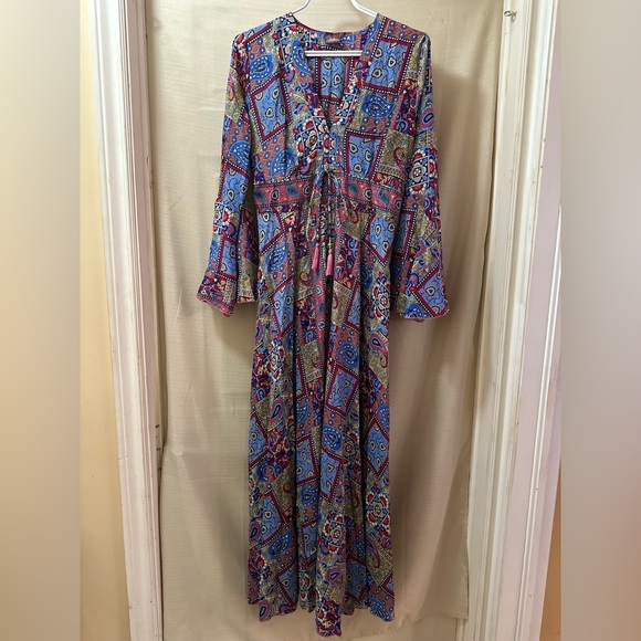 boho fashion Dresses & Skirts - Boho Fashion 100% Silk Maxi Dress | Paisley Patchwork | Bell Sleeves | Size M